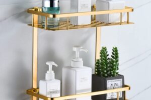 Bild von Bathroom Shelves No Drilling,Square Shower Caddy Adhesive Wall Mounted Shelf for Bathroom Storage and Organisation Shower Racks Basket with Hooks (Champagne Gold, Double layer)