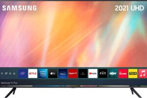 Produktbild von Samsung AU7110 55 Inch Smart TV (2021 Black) – Ultra Clear Picture 4K TV With HDR10+, Crystal Processor, Purcolour, Compatible With Alexa, Adaptive Sound, Samsung Q-Symphony Audio – UE55AU7110KXXU [Energy Class G]