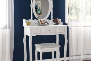 Produktbild von Vida Designs Nishano Dressing Table With Stool 1 Drawer Oval Adjustable Mirror Bedroom Set Makeup Cosmetics Dresser Furniture, White