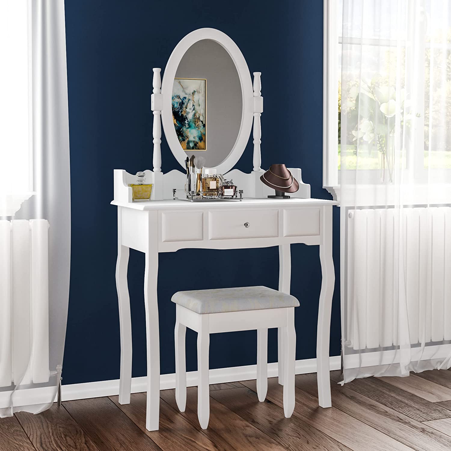 Bild von Vida Designs Nishano Dressing Table With Stool 1 Drawer Oval Adjustable Mirror Bedroom Set Makeup Cosmetics Dresser Furniture, White