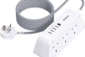 Bild von Extension Lead with USB Slots，6 Way Outlets 5 USB(5A, 1 USB- C and 4 USB-A Port) with 1.8M Braided Extension cord, 3250W Overload Protection，Security Surge Protection Plug Extension Socket