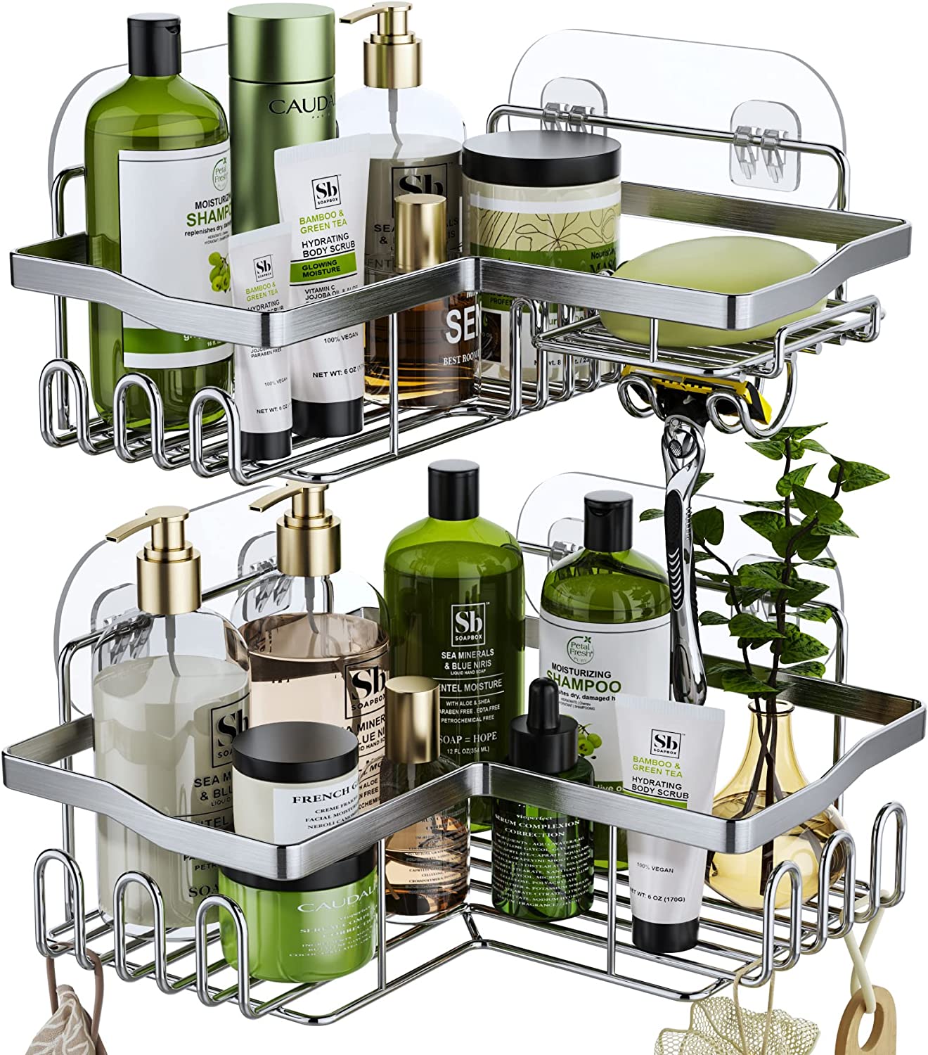 Bild von HapiRm Shower Caddy Shower Corner Shelves with 11 Hooks,Shower Organiser for Razor soap and shampoo,Bathroom Storage & Kitchen Storage Bath Accessories Stainless Steel,6 Sticker,2 pcs