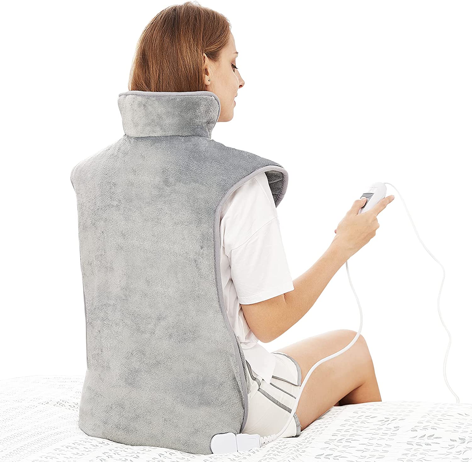 Bild von Electric Heating Pad for Back Neck and Shoulders Pain Relief, (60x100cm) Heated Warmer Fast-Heat Hot Therapy Warp with Waist Strap, 3 Heat Levels, Auto-Off Timer, Mia&Coco – Comfort Grey