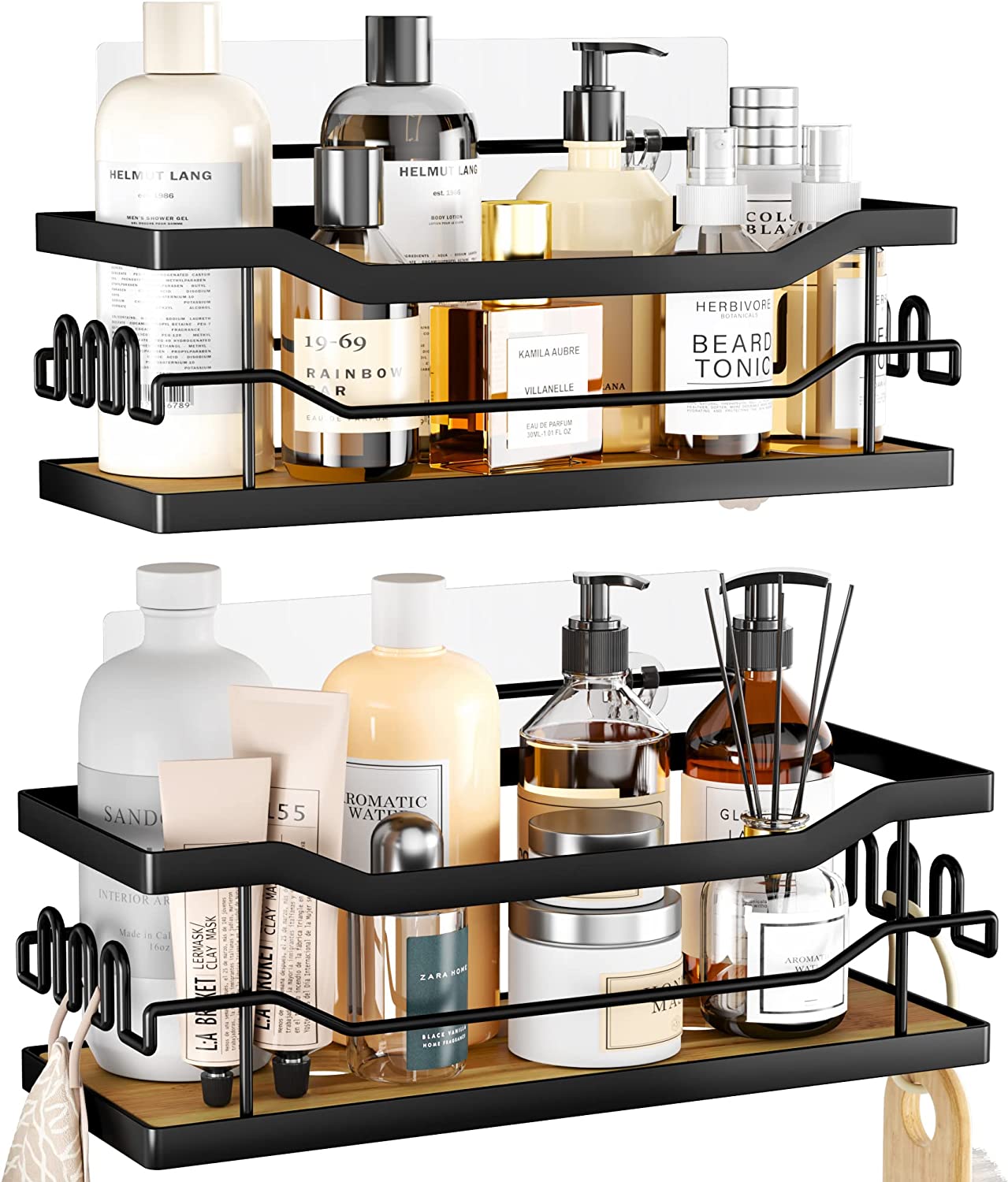 Bild von Natural Bamboo Shower Caddy, 2 Pack Shower Organiser with 12 Hooks, SWTYMIKI Rustproof & Waterproof Bathroom Shelves, Stainless Steel No Drilling Shower Shelves for Bathroom, Shower Room, Black