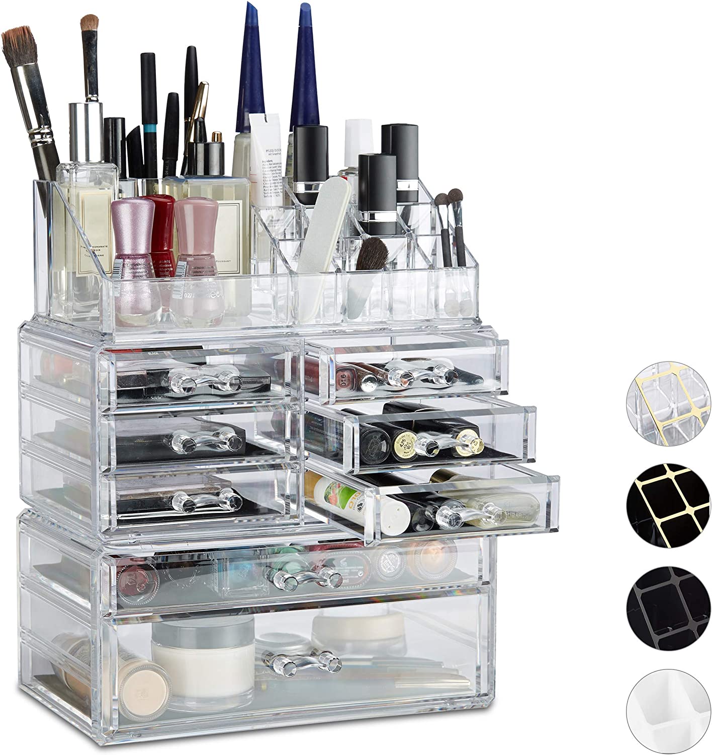 Bild von Relaxdays Organizer with Drawers, Stacking Makeup and Jewellery Box, Acrylic Cosmetic Kit, Transparent, 14 x 24 x 30 cm