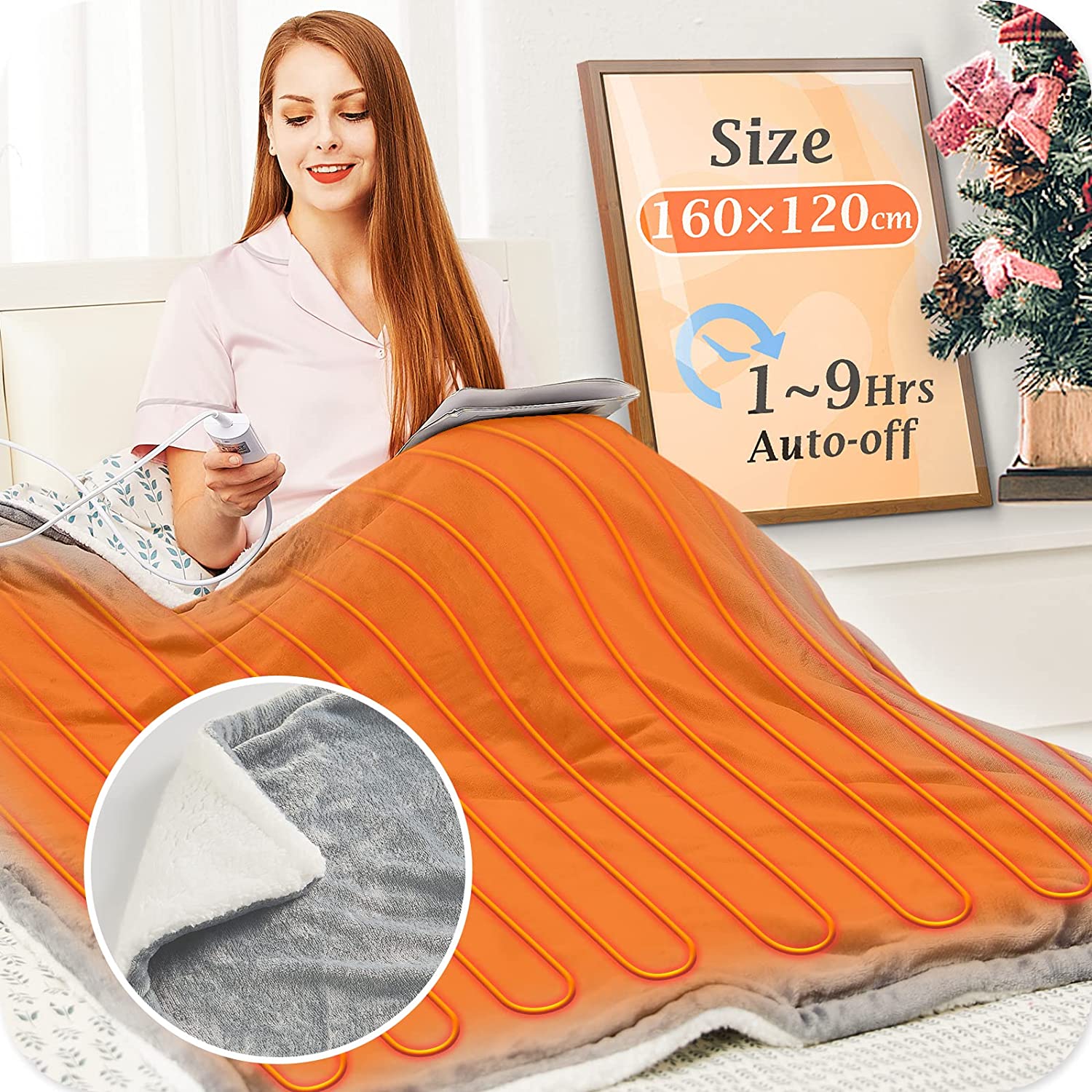 Bild von Mia&Coco Electric Heated Blanket Throw Flannel Sherpa Fast Heating 120x160cm, 10 Heat Levels & Up-to-9-Hours Auto-Off Timer & LED Display, for Home Office Use, Machine Washable, ETL Certified, Grey