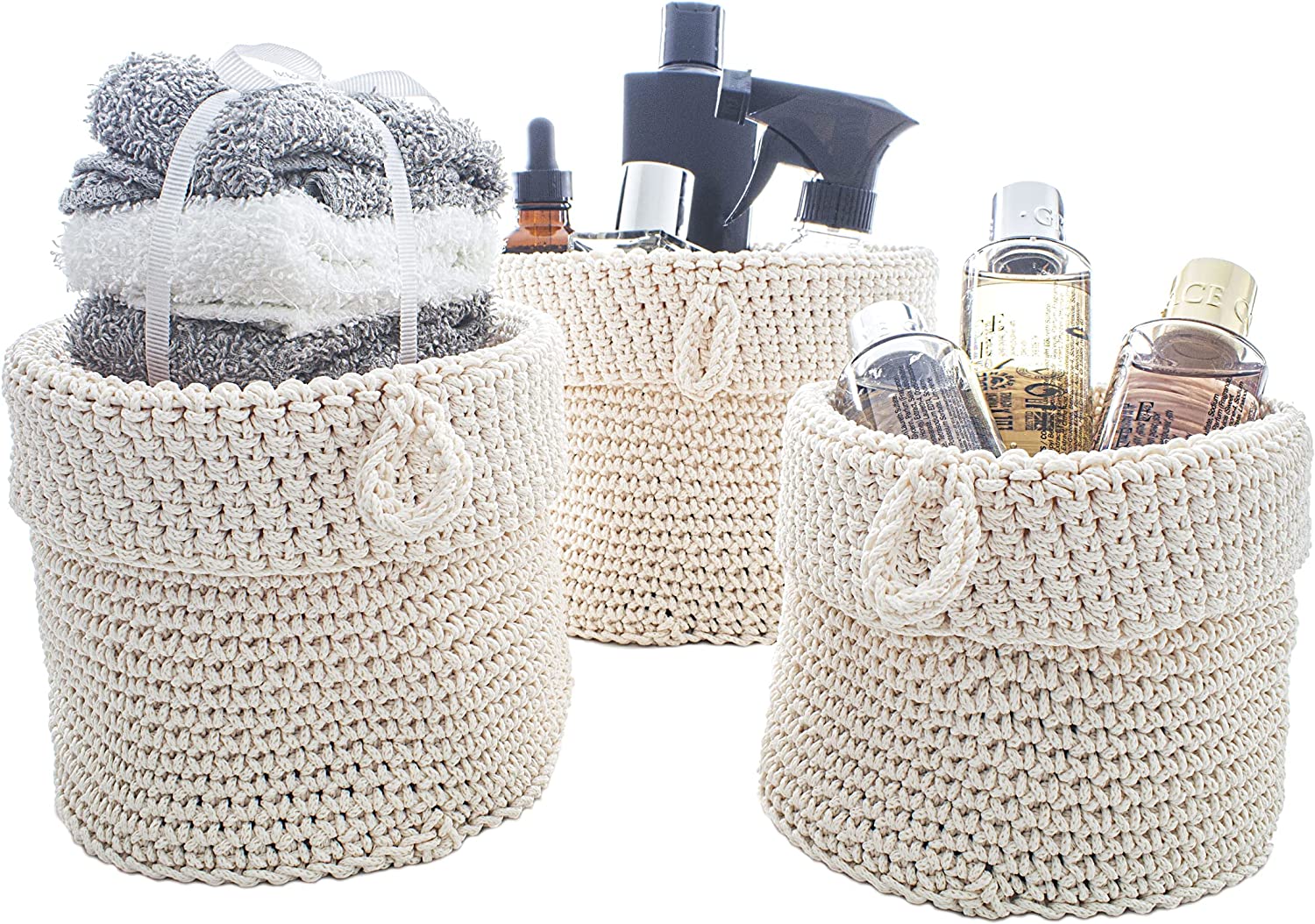 Bild von Clay Roberts Round Storage Baskets, Set of 3, Cream, Fabric Basket Organisers, Woven Knitted, Round Storage Baskets for Home & Bathroom Accessories, Large, Medium and Small