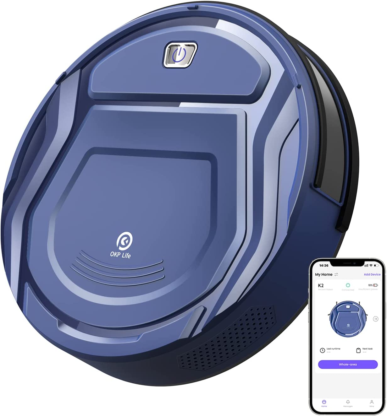 Bild von OKP Robot Vacuum Cleaner 2100Pa Strong Suction Robot Vacuum, WIFI/APP/Alexa, 100 Mins Run time, Small, Quiet, Smart Self Charging Robotic Vacuums for Pet Hair, Hard Floor, Low Pile Carpet, K2