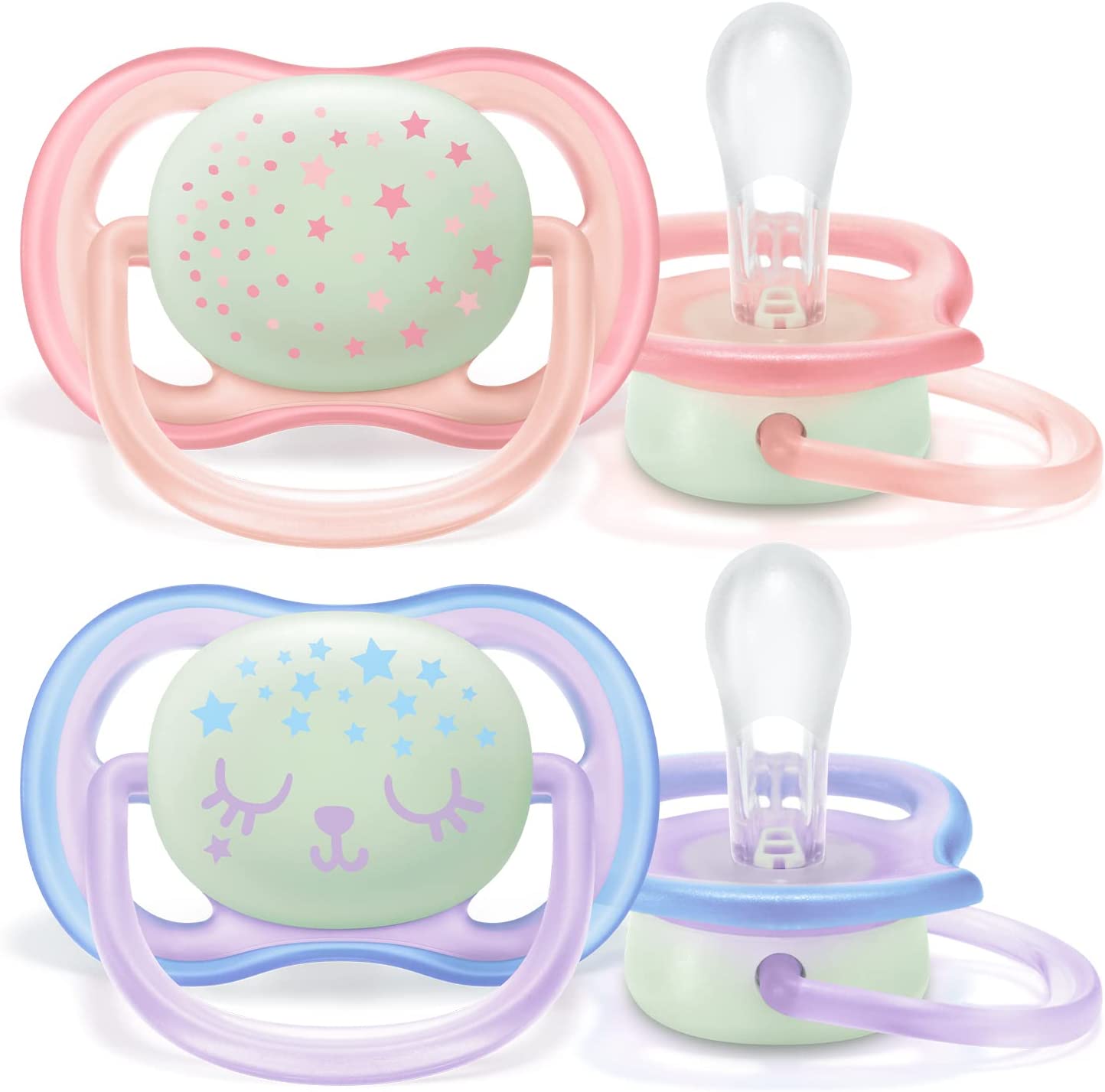 Bild von Philips Avent Soothers, 0-6m Ultra Air Night Soother with Glow-in-the-Dark Button, Star/Bear Design, Pink/Purple (Pack of 2) – SCF376/12