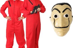 Bild von Adults Unisex Bank Robber Fancy Dress Costume – Red Jump Suit With Hood Costume & Face Mask – T.V. Show Fancy Dress (Small – 44 Inch Chest)