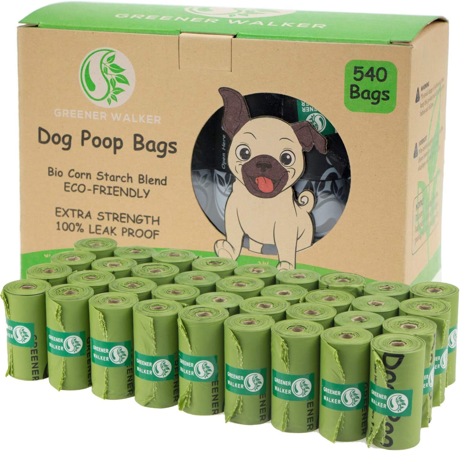 Bild von GREENER WALKER Poo Bags for Dog Waste, 540 Poop Bags,Extra Thick Strong 100% Leak Proof Biodegradable Dog Poo Bags (Green)