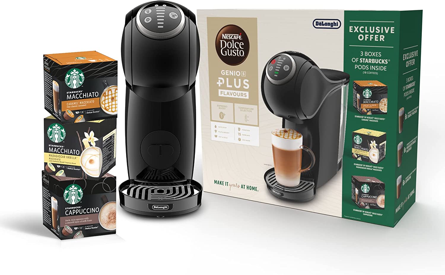 Bild von De’longhi Nescafé Dolce Gusto Genio S Plus Automatic Machine, Capsule Coffee Machine, Espresso Boost, Cappuccino, Energy Saving, Including 3 boxes Coffee Pods Starbucks, Black, EDG315.B
