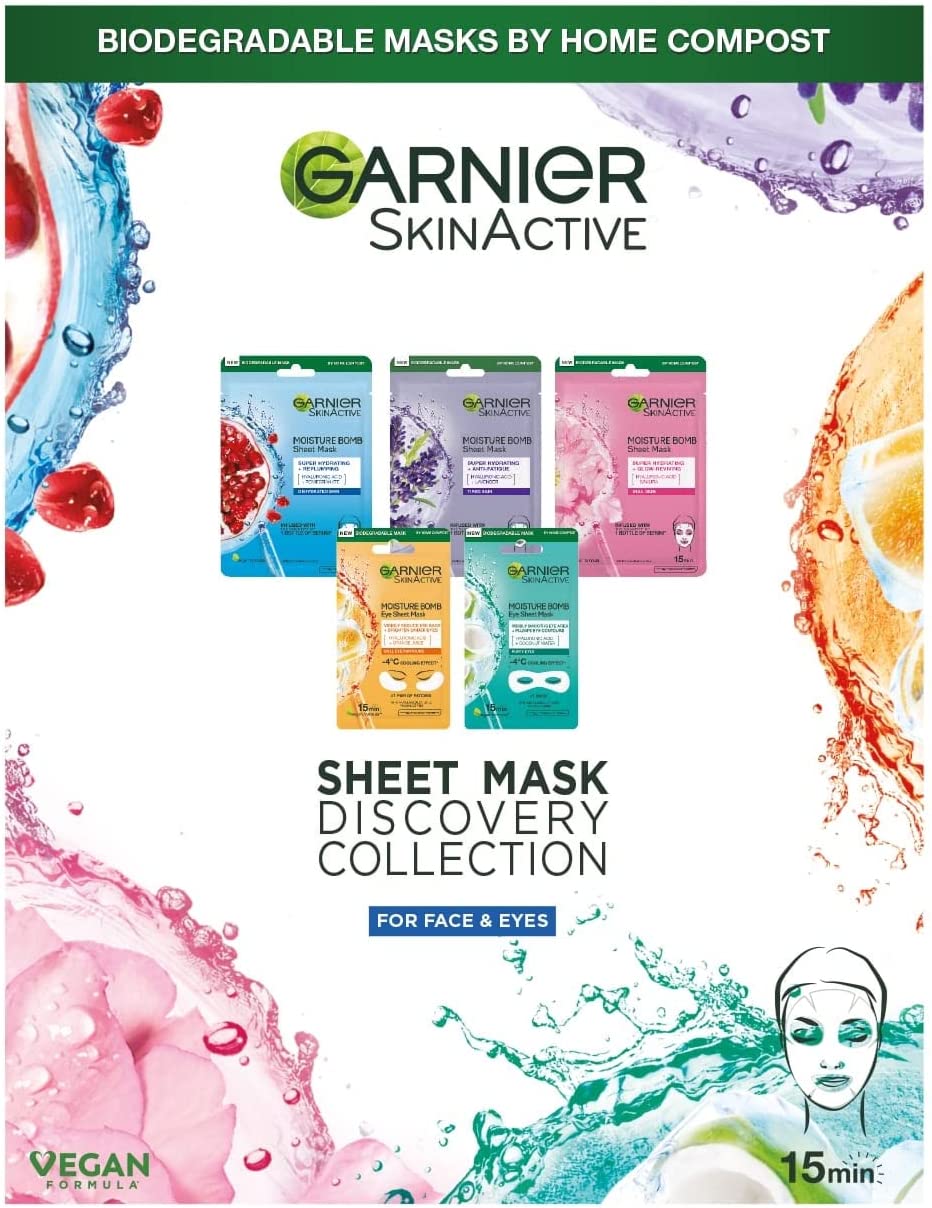 Bild von Garnier Sheet Mask Discovery Collection, Face & Eye Sheet Mask set for Dehydrated, Dull and Tired Skin, with glycerin and hyaluronic acid – Pack of 5 Sheet Masks