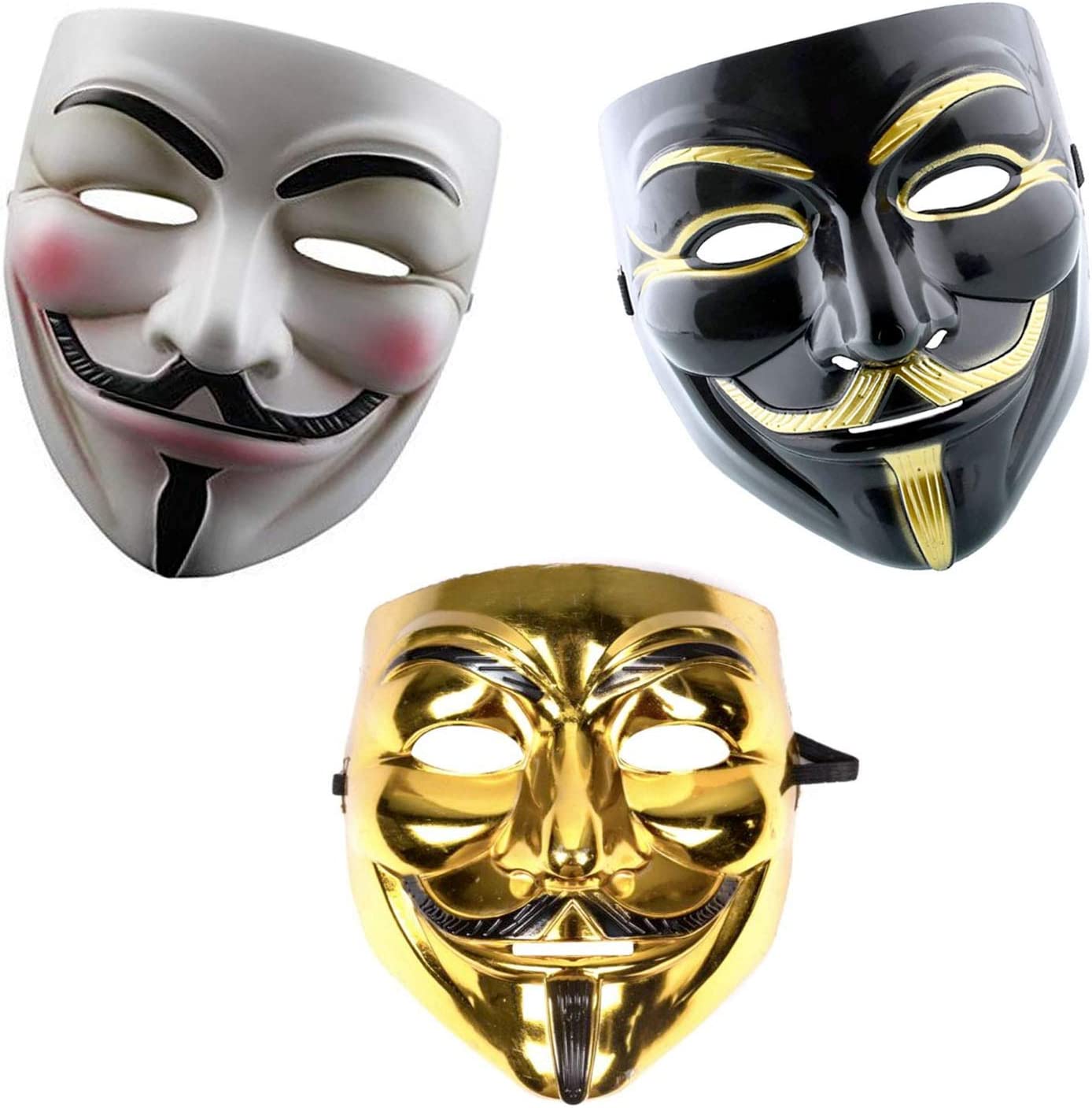 Bild von GrassVillage Anonymous Halloween V for Vendetta 3 pc Mask Set – Gold, White and Black – PARTY, WORLD BOOK WEEK / HALLOWEEN KIT