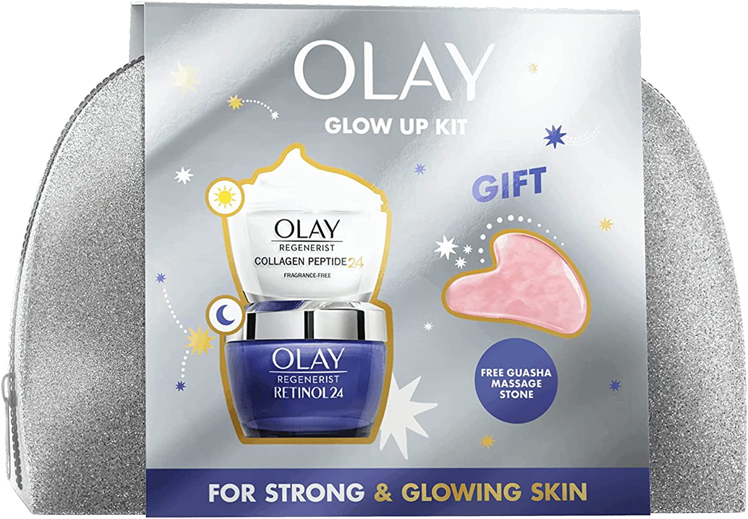 Bild von Olay Giftset With Collagen Peptide24 Day & Retinol24 Night Cream With Niacinamide For Smooth & Glowing Skin, Pouch & Gua Sha Face Stone