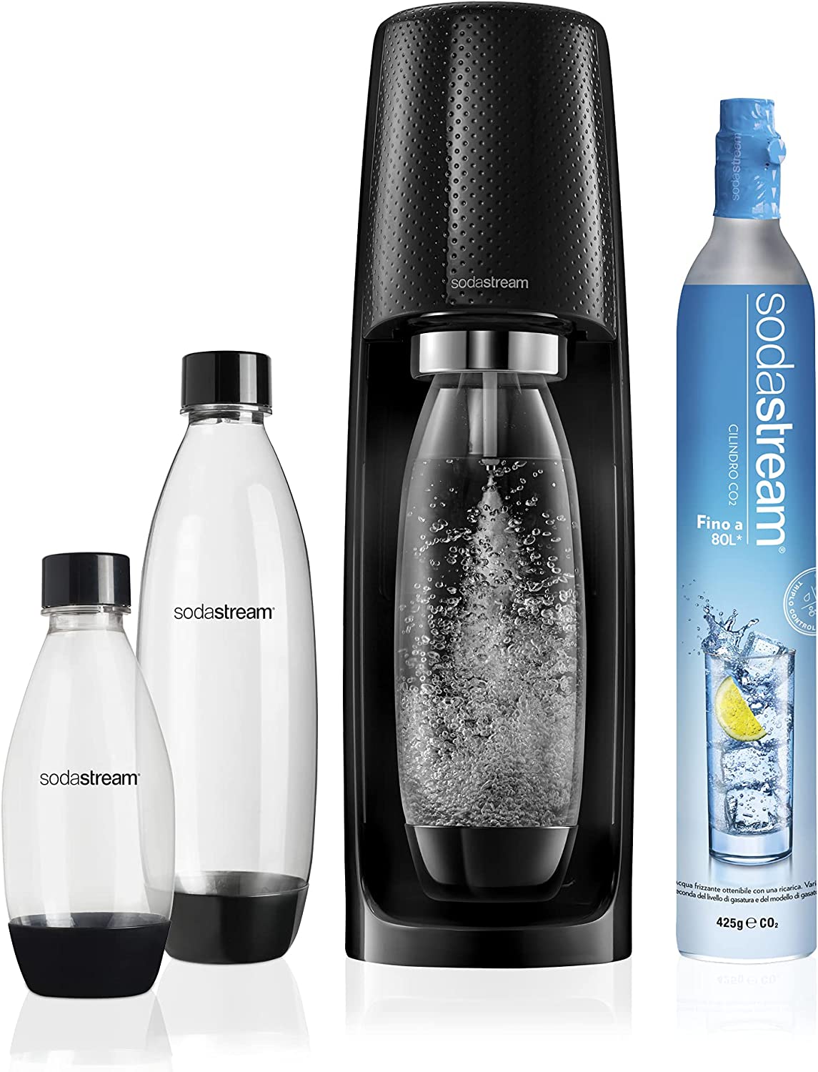 Bild von SodaStream Spirit Sparkling Water Maker Mega Pack, Electric One Touch Carbonated Water Machine Starter Kit with 3 Reusable BPA Free Carbonating Water Bottles & 60 L CO2 Gas Cylinder – Black