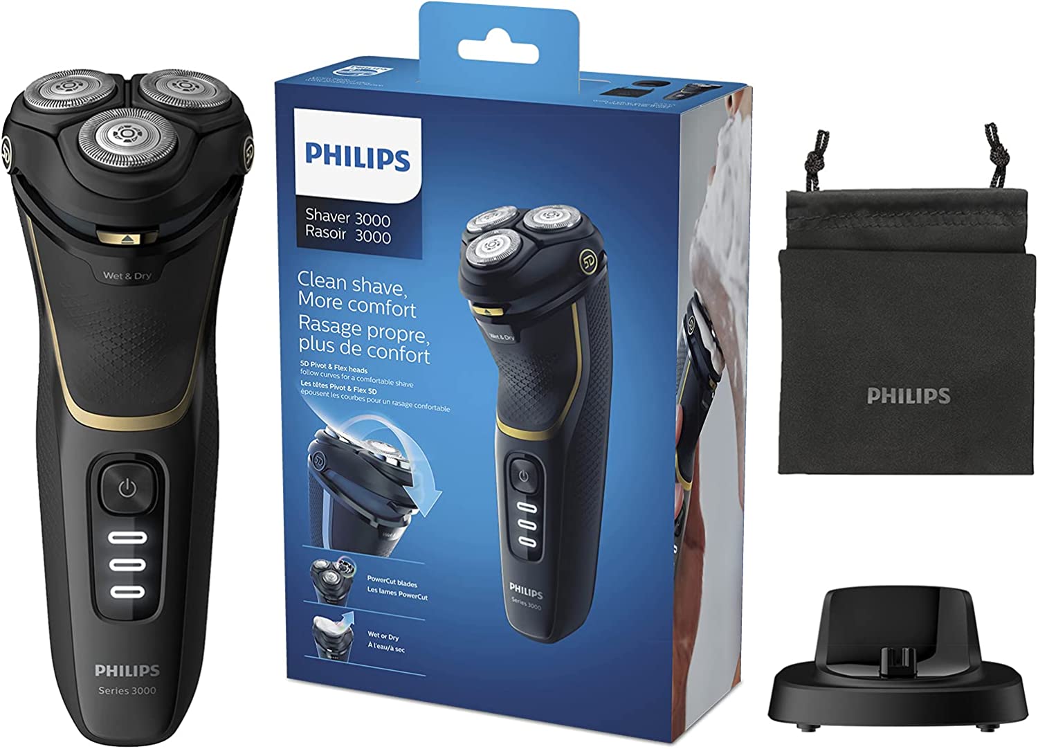 Bild von Philips Shaver Series 3000 Dry and Wet Electric Shaver (Model S3333/54), Black/Noir Gold