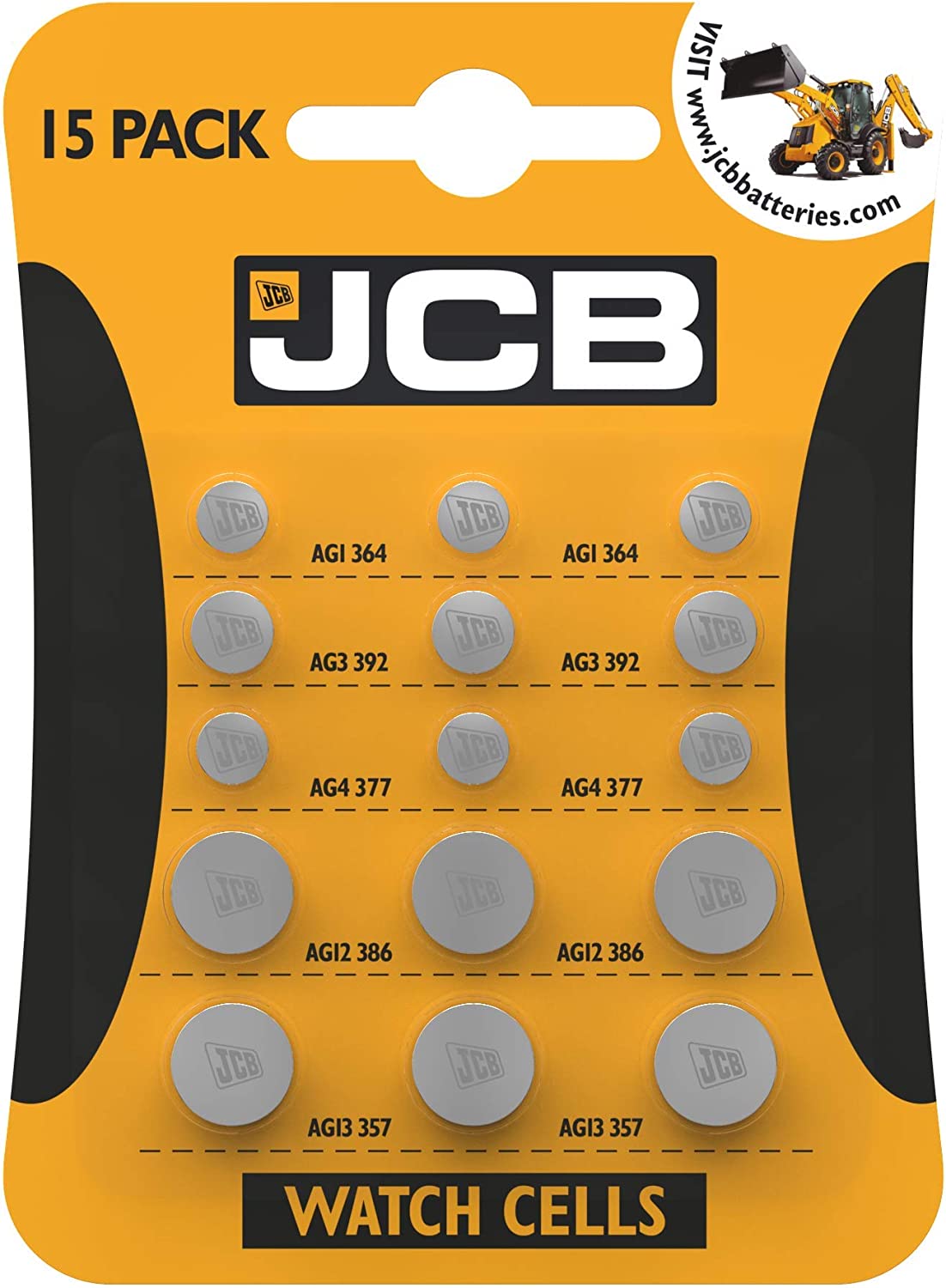 Bild von JCB Watch Batteries – 15 Mixed Pack – 5 Most Popular Sizes, AG1, AG3, AG4 AG12 & AG13
