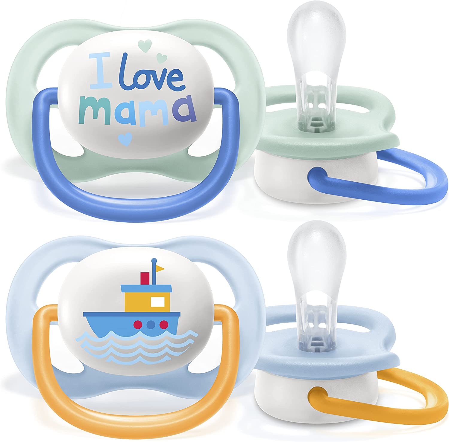 Bild von Philips Avent Ultra Air Pacifier, for 0-6m, Orthodontic & BPA-Free, 2 pcs, Including Sterilizer/Carrying Case, SCF080/01 Light Green/Dark Blue and Light Blue/Orange