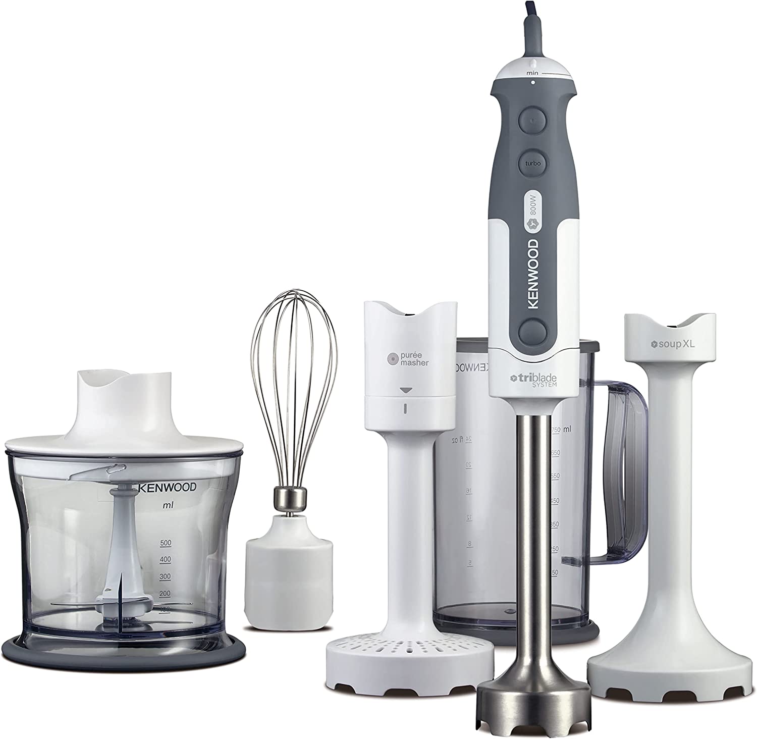 Bild von Kenwood Hand Blender, Anti-Splash, Mixer Includes 5 Attachments 0.5L Chopper, Soup & Masher Attachment, Whisk and 0.75L BPA-Free Plastic Beaker, 800 W, HDP406, White Silver