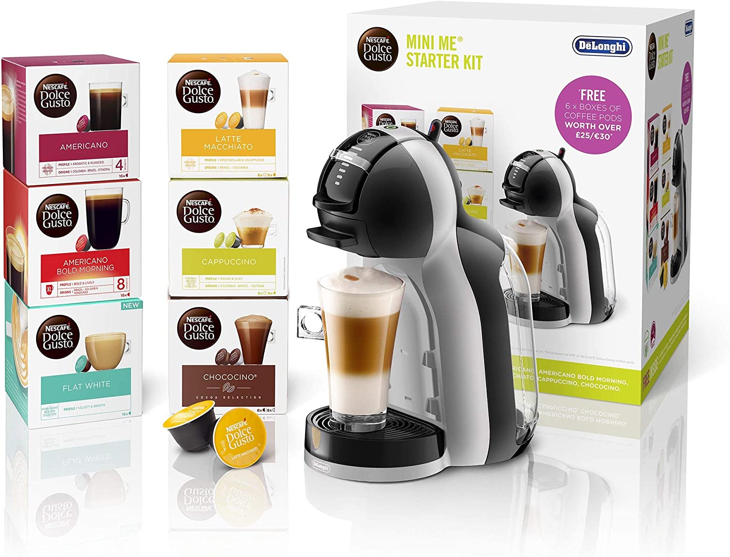 Bild von De’Longhi Nescafé Dolce Gusto Mini Me, Single Serve Capsule Coffee Machine Starter Kit, Including 6 boxes of Coffee Pods, EDG155.BG, Black & Grey