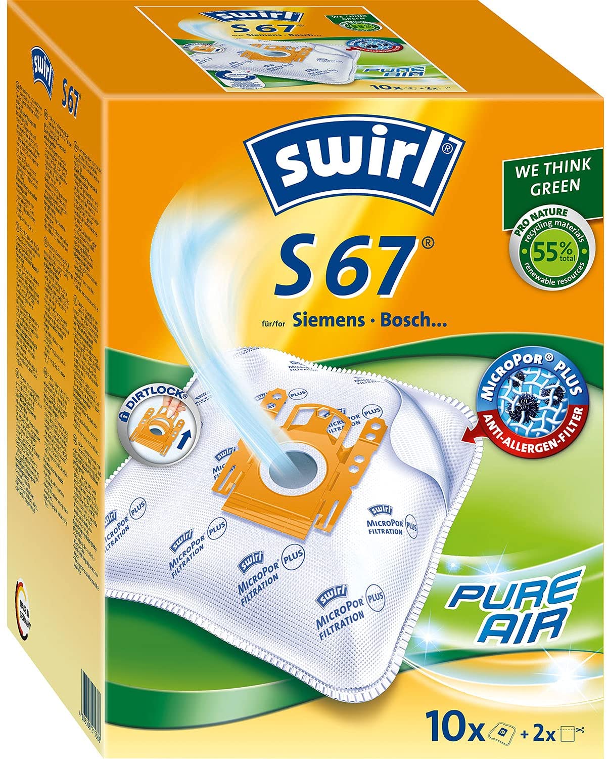 Bild von Swirl S 67 MicroPor Plus Vacuum Cleaner Bags for Bosch, Lockable Holding Plate, 10 pieces + 2 Filters