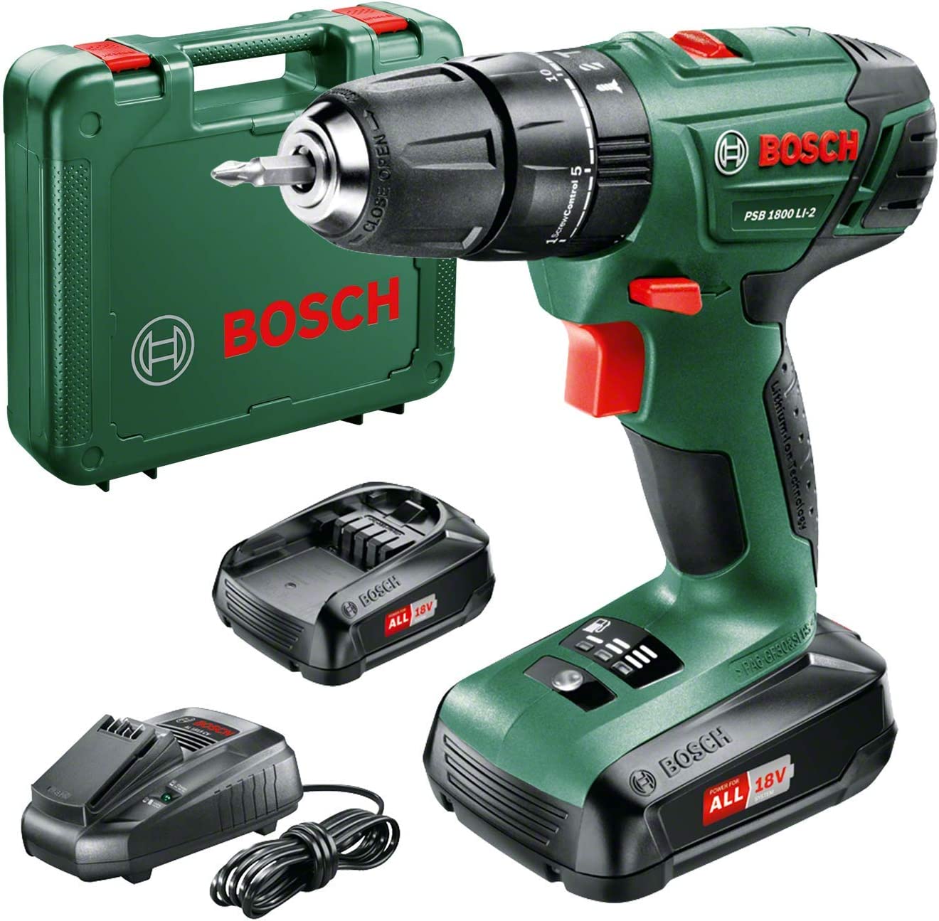 Bild von Bosch Home and Garden Cordless Combi Drill PSB 1800 LI-2 (2 batteries, 18 Volt System, in carrying case)