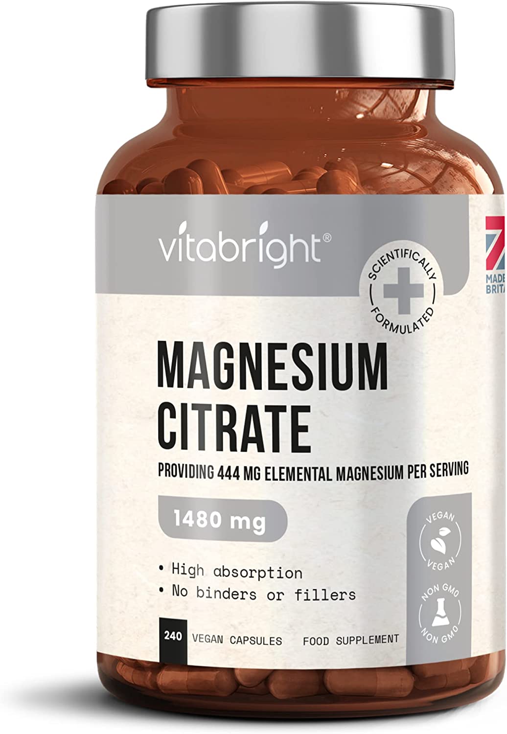 Bild von Magnesium Citrate – 1480mg High Strength – 240 Capsules (4 Month Supply) – Vegan Premium Magnesium Capsules – Providing 444mg Elemental Magnesium Supplement – Made in UK by VitaBright