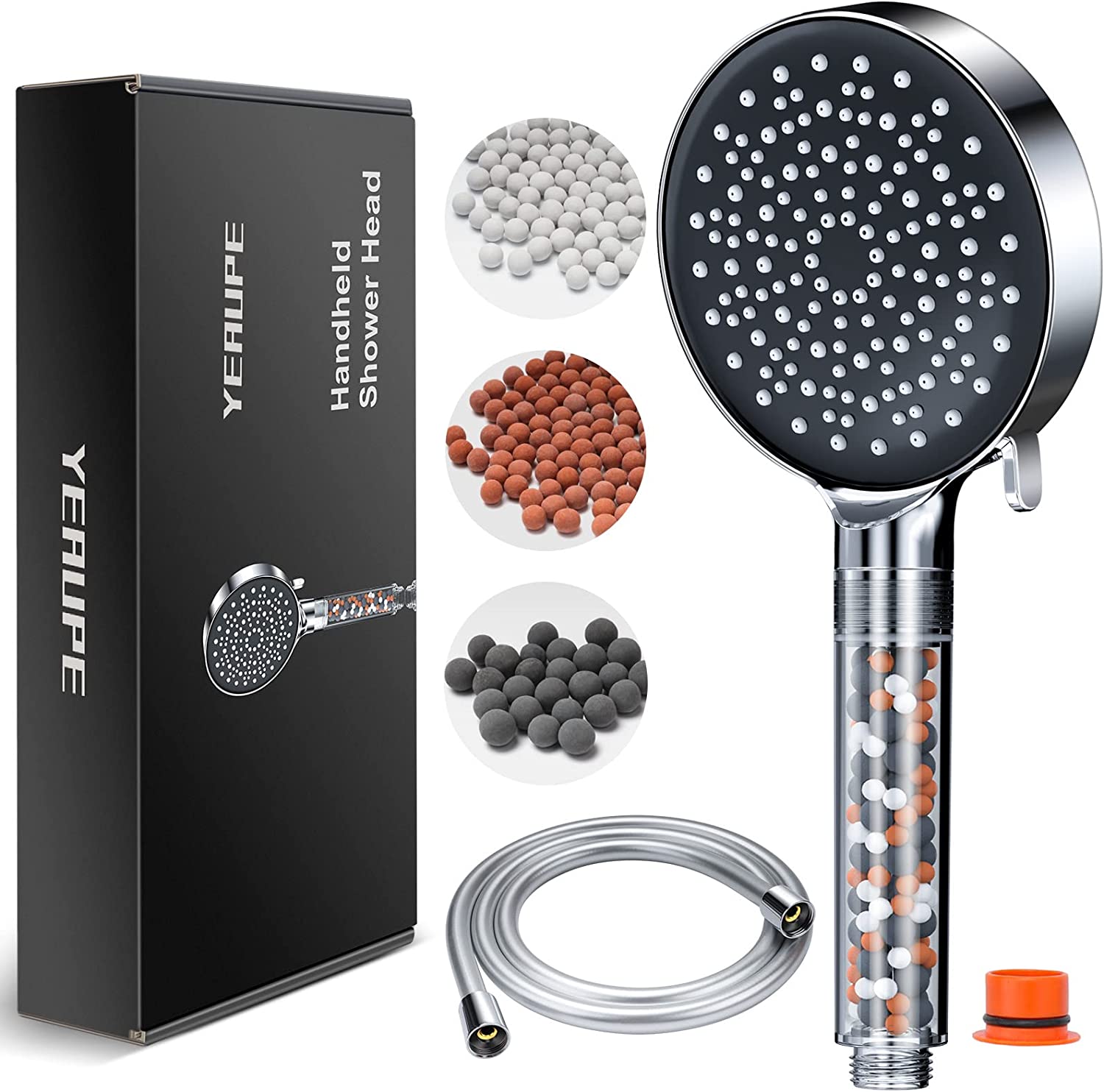 Bild von Water Saving Shower Head and Hose – YEAUPE Filter Low Flow Shower Head High Pressure Energy Efficient Shower Head Power Water Softener Shower Heads with Anti-limescale Silicone Nozzles Eco Shower Head