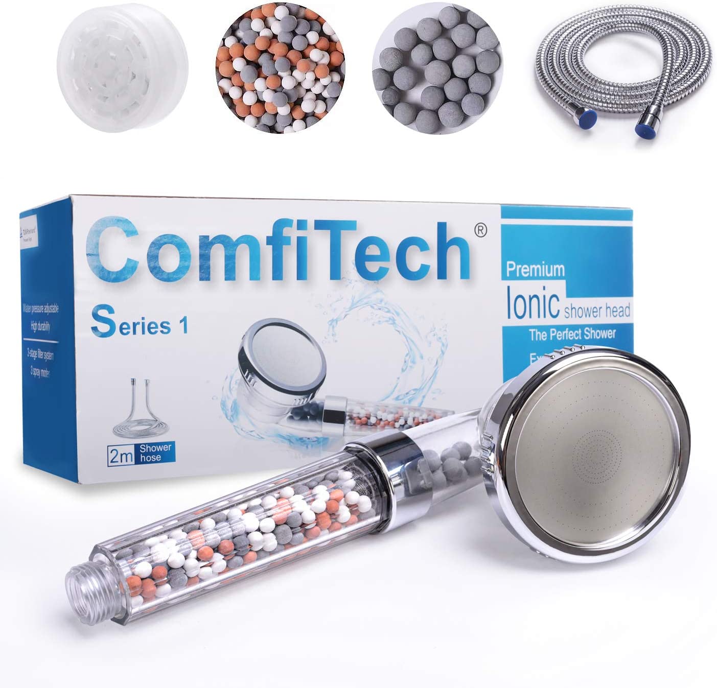 Bild von ComfiTech Shower Head, Ionic Shower Head with 2M Shower Hose, Filter Shower Head for Hard Water to Increase Pressure 3 Modes Spray Function Contains Extra Replaceable Filter Beads