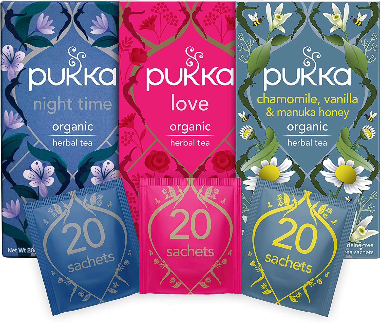 Bild von Pukka Herbs Relaxing Tea Selection – Love, Night Time and Chamomile, Vanilla and Manuka Honey – Bundle of 3 boxes, 20 Sachets of Each