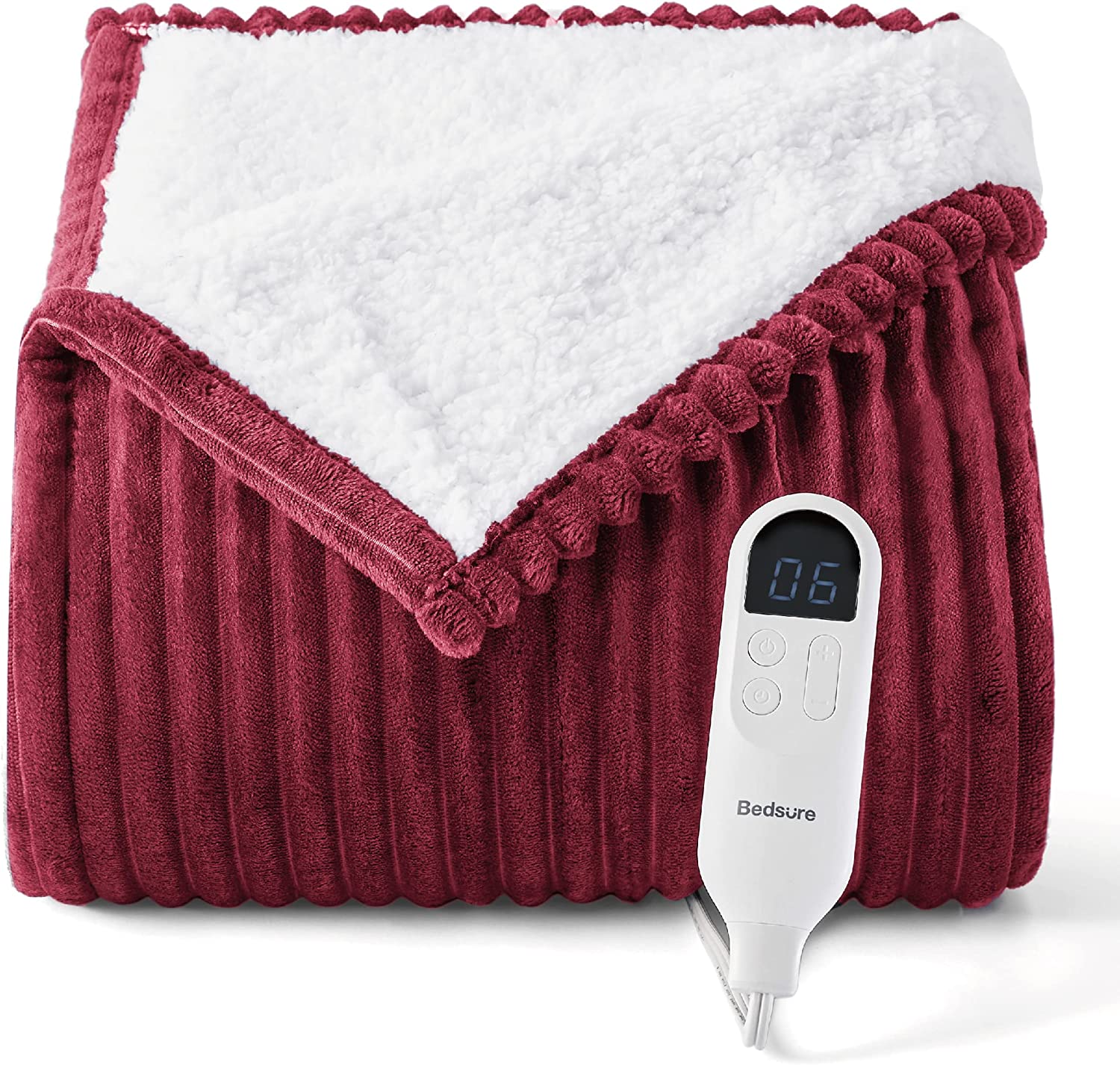 Bild von Bedsure Electric Heated Throw Blanket – Stripe Flannel Electric Overblanket for Sofa Bed Office Use, 6 Heat Levels&8 Hour Levels Auto-Off Timer, Machine Washable, Red, Single(130x160cm)
