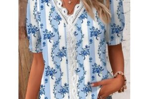 Produktbild von AI Supermarket Summer 2023 V-Neck Lace Stitching Printed Women’s Blouse