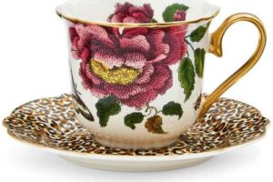 Bild von Spode Creatures of Curiosity Fluted Tea Cup & Saucer – Floral / Leopard